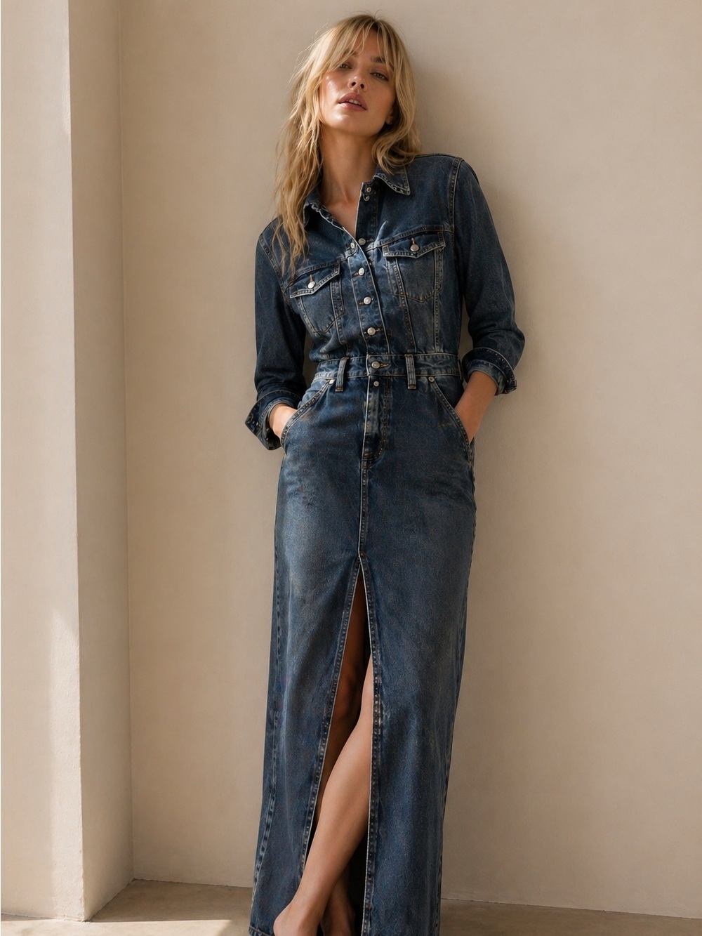 Long Sleeve Denim Maxi Dress - Dark Blue Wash 6